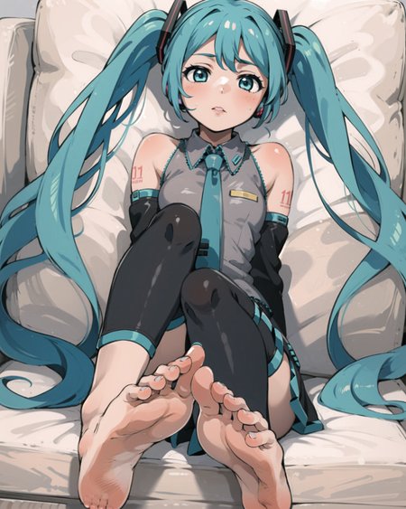 1girl, foot focus, (hatsune miku:1.1), solo, barefoot, mikudef, <lora:qqq-lick_my_feet-v2:0.8>,  masterpiece, best quality,  <lora:hatsunemiku1:0.7>