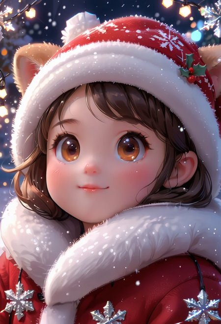 Festive, snowflake, little girl with rosy cheeks, wearing a furry coat, close-up view, snowflakes drifting, Christmas lights, solo, lovely and heartwarming