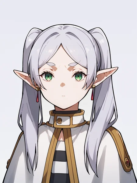 score_9, score_8_up, score_7_up, score_6_up, score_5_up, score_4_up, BREAK, source_cartoon, source_anime, 1girl, frieren, green eyes, grey hair, twintails, pointy ears, eyebrows, white capelet with long sleeves, earrings,
solo, expressionless, upper body, looking at viewer, simple background    <lora:FrierenXL:1>