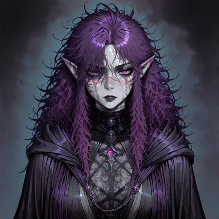 masterpiece, best quality, newest, absurdres, highres, 
ERIDV1.0, 1girl, goth, gothic, goth fashion, elf, coreset, messy hair, scar, scars, scar on face, fantasy, Purple hair, robe, cape, Purple eyes, grey skin, colored skin, grey colored skin,