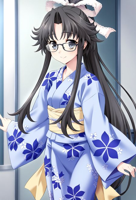 1girl, chisa\(memories off 6\), glasses, solo, floral print, ponytail, light blue kimono, yellow sash, white hairribbon, smile, black long hair, black eyes, standing, long sleeves, looking at viewer, sidelocks, masterpiece, best quality, very aesthetic, absurdres,  <lora:chisa:1>