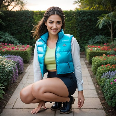 score_9, score_8_up, score_7_up,  professional 40 year old squatting and smiling indian short women wearing (transparent  cropped_puffer_vest_neon jacket),Crown braid  unique hair style flowing wild in the wind, sexy, fully dressed, (shorts)  dramatic lighting, blushing, , after a long day of work,  at night, dark,garden scene
 <lora:pony_cropped_puffer_jacket:0.6>
