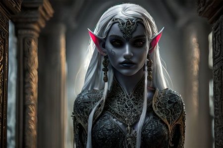 RAW photo, (masterpiece:1.3), subsurface scattering, heavy shadow, (high quality:1.4), (intricate, high detail:1.2), professional photography, HDR, High Dynamic Range, realistic, ultra realistic, photorealistic, high resolution, film photography, ambient lighting, atmospheric effects, <lora:detail_slider_v4:2>, OverallDetail, a beautiful female drow priestess, DarkElves, highly detailed face, wearing intricate robes, in a sinister temple of the dark god, in a drow city,  <lora:DarkElves-10:0.6>, <lora:Drow:1>, epiCPhoto,