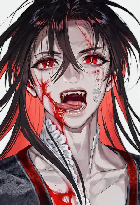 masterpiece, best quality,
 1011ta fashion  
1boy, black hair, solo, blood, red eyes, tongue, teeth, open mouth, long hair, blood on face, close-up,  <lora:foomXLlokr8f-000184:1>