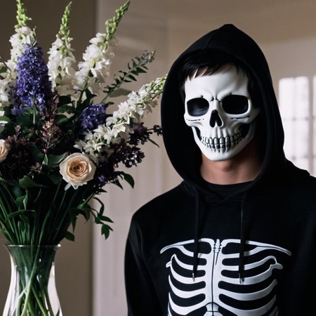 <lora:add-detail-xl:1>
<lora:detailed:0.3>
<lora:perfection style:0.3>
<lora:xl_more_art-full_v1:0.3>
 <lora:Donnie Darko film style:1>
Jake a man in a skeleton hoodie standing next to a vase of flowers,solo,black hair,1boy,upper body,male focus,hood,blurry,realistic,skeleton , cinematic, film, Donnie Darko film style