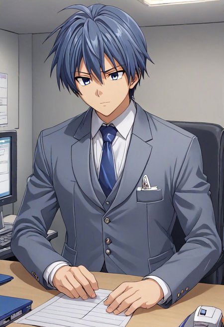 high resolution, solo, best quality, 1Boy, Tomoya Okazaki, Grey Blue Hair, suit, worklife, workspace, OverallDetail