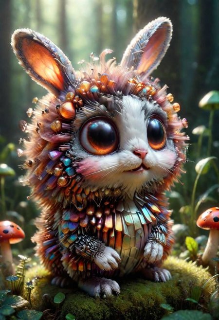 Mix the glowing-mushrooms, bunny and curly fur to create adorable magical ladybug with big glowing eyes, masterpiece, Surrealism, close-up, macro photo, f/1.2, backlighting, Albert Edelfelt, multicolored hair