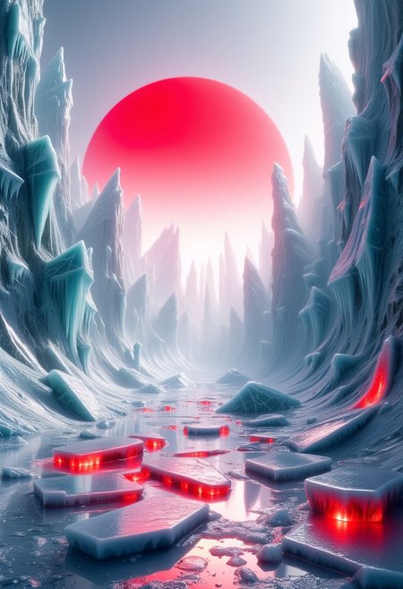Imagine a futuristic landscape dominated by sharp, crystalline ice structures jutting dynamically from the ground, resembling natural ice formations with a precise and elegant aesthetic. The scene is characterized by reflective, cool-toned surfaces in shades of silver and icy blue, which shimmer with ethereal light, evoking the essence of a frozen world.
The ground and structures feature geometric, faceted designs that add depth and complexity to the landscape. The interplay of light and shadow across these surfaces enhances the icy appeal, creating a visually engaging environment. 
Vibrant red accent lighting is strategically integrated throughout the landscape, highlighting key features and creating a striking contrast against the cool surfaces. This red glow pulses with energy, adding a futuristic and otherworldly atmosphere to the scene.
Dominating the sky is a bold red circle, representing a setting sun, offering a dramatic focal point and reinforcing the dynamic contrast between the cool landscape and the warm, vibrant lighting.
Set in a minimalist, expansive terrain, the clean lines and sparse vegetation allow the icy formations and red lighting to take center stage. This reflective surfaces and bold design elements create a surreal, otherworldly atmosphere, bringing forth a sense of beauty and mystery from a distant future.