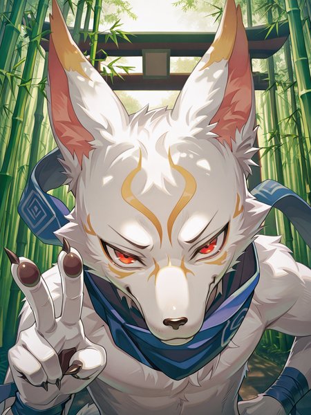 masterpiece, best quality, amazing quality,upper body,face focus,close up,anthro,furry male,
k@nk0,fox boy,1boy,solo,male focus,red eyes,gold facial mark,facial mark,blue scarf,wrist bandages,claws,v sign,smug,smug,looking at viewer,bamboo forest,torii, 
<lora:Kanko_IL:1>