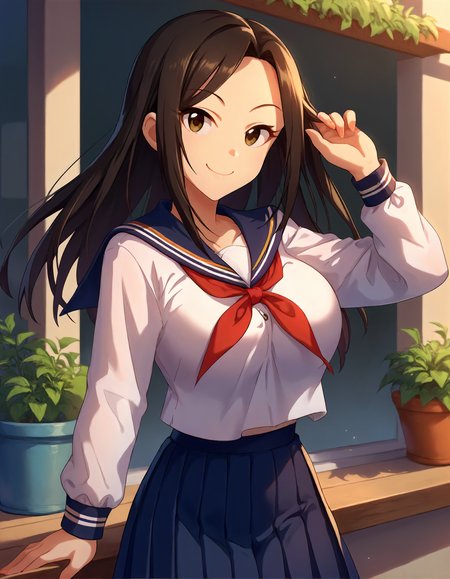 score_9,score_8_up,score_7_up,1girl,solo,cowboy shot,looking at viewer,smile,closed mouth,outdoors,
<lora:mukaitakumi_ponyXLV6:0.8>,cgmtk,
black hair,parted bangs,long hair,brown eyes,large breasts,
white shirt,sailor collar,pleated skirt,long skirt