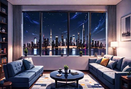 ((front view)), Shallow scene, (((animation style))), (night), modern-style interior, with white walls, (large windows), a  study, Sofa, coffee table, bookcase, single wall, ((dark room)), quiet and mysterious night sky,  city night view, (City high-rise building scenery), (City scenery outside the window), starry sky, moonlight,