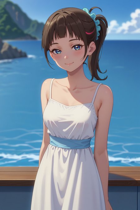 <lora:mengmeng_izo:0.8>
score_9, score_8_up, score_7_up, 1girl, solo,
mengmeng, brown hair, multicolored hair, streaked hair, blue eyes, ponytail, blue scrunchie,
medium breasts, white dress, sleeveless, bare shoulders, long dress, sundress,
half closed eyes, seductive gaze, bedroom eyes, closed mouth, smile,
blush, looking at viewer, standing, contrapposto,
blurry background, ocean, horizon, day,