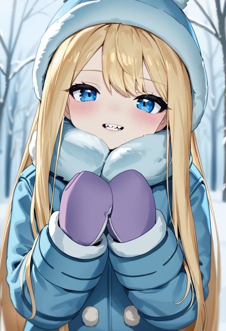 kir, digital illustration, charact portrait, depth of field, pastel coloring/(medium/), blonde hair, very long hair, blushing, face focus, buck teeth, looking at viewer, ushanka, mittens, winter coat