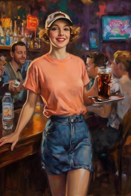 howardchandlerchristy1 illustration.
The air buzzes with the energy of a busy bar, a mix of music, conversation, and the clinking of glasses. A barmaid, the embodiment of youthful vibrancy, navigates the lively scene. She wears a peach-coloured T-shirt, the soft fabric contrasting with the smooth, cold glass of coke she carries on a small tablet. Her short skirt adds a playful touch, and a backwards baseball cap hints at a carefree attitude. The setting and atmosphere are palpable: the warm, slightly sticky surface of the bar counter under her fingertips, the dim, colourful lighting that casts playful shadows. Sensory details are abundant: the condensation forming on the glass of coke, the texture of her denim skirt, and the way the bar lights catch the highlights in her hair. Her confident stride, her quick smile, and her efficient movements. Stylistically, the image draws inspiration from the vibrant, candid shots of nightlife photographers, with a touch of the stylized realism found in contemporary illustration. There's a deliberate contrast between the barmaid's youthful energy and the slightly worn, lived-in atmosphere of the bar, creating a dynamic and engaging image.  <lora:howardchandlerchristy1_d8a4e11:1.0><lora:865845671767330664:0>