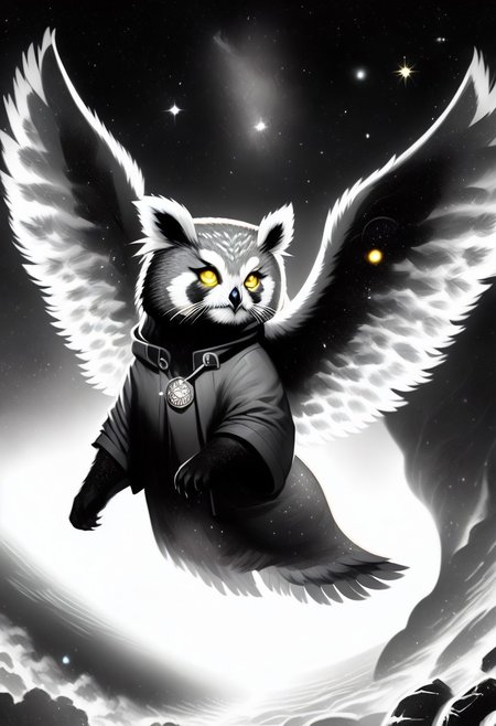 Score_9, Score_8_up, Score_7_up, lora:Navi_Celestial_Skin_PonyXL:1.1 nv-celestialskin, redpandafolk, rabbitfolk, owlfolk, foxfolk, sketch, monochrome, greyscale, YR_GradLight, 0u73r5p4c3, space, planet, nebula, galaxy, asteroid, GalaxyTelepurteSDXL, StarrySkies, scenery, stars (sky), background, night sky, vibrant colored skin, void cosmic body, deep black skin, ethereal silhouette, nebula patterns, animal theme focus, majestic owl