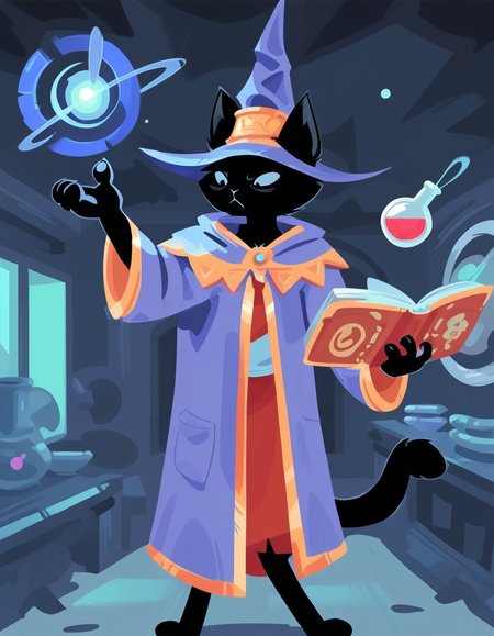 domestic cat, black fur, wizard hat, wizard robe, lab, tube, flask, casting spell, magic user, holding book,