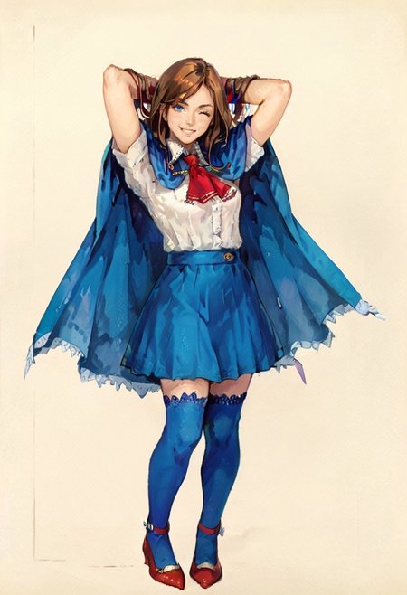 safe_pos, safe_pos, score_8, score_8_up, score_7_up, oblivionarts, 1girl, solo, female focus,  solo, charlotteaulinpor, small breasts, brown hair, long hair, blue eyes, white shirt, short sleeves, red ascot, blue cape, capelet, wrist cuffs, blue skirt, miniskirt, blue thighhighs, red heels, arms behind head, arms up, leaning back, smile, winking, looking at viewer, flirty expression, simple background