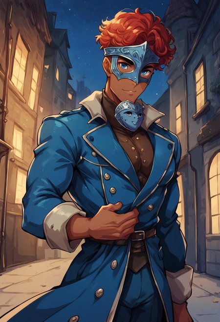 8k, score_9, score_8_up, score_7_up, male focus, 1boy, solo,  cowboy shot, 
(((dark_skinned))), half-elf, blue eyes,late twenties, red hair, 
handsome man, mature male, athletic build, toned, broad shoulders, narrow waist, pectorals, pecs,
(((dark blue trench coat))), rapier, helmet, mask, (((helmet mask,))) 
night, medieval city,