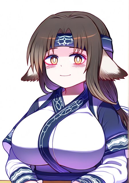 <lora:Plu5339:1>,1girl, eruruu, huge breasts, ainu clothes, animal ears, blush, closed mouth, dog ears, layered sleeves, long hair, long sleeves, looking at viewer, open mouth, ponytail, smile, solo,