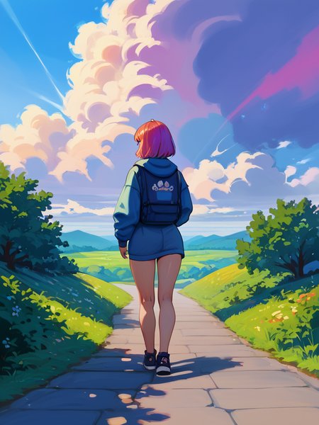 PDXL, <lora:KajpoV1:1>, k4jp0, volumetric reflections, volumetric shadows, HDR, shot on Canon DSLR,
1girl, standing on a road, colorful tornado in the distance,  night sky, blue, viewed from behind