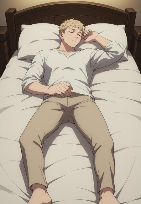 safe_pos, score_9, score_8_up, score_7_up, masterpiece, best quality, amazing quality, very aesthetic, absurdres, Dunmeshi_Laios, 1boy, solo, male focus, blonde hair, short hair, sleeping, CasualLaois, alternate costume, White shirt, Beige pants, barefoot, lying, on bed, bedroom, tavern, dark, night, on back, perspective