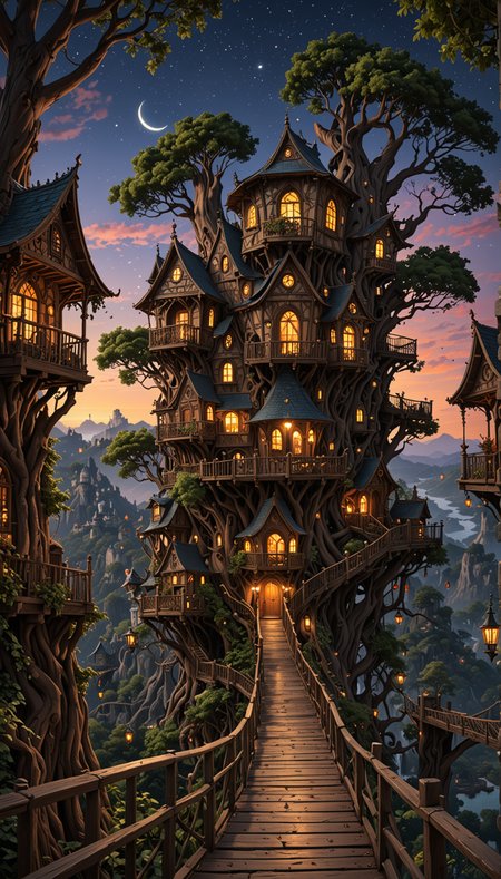 a wonderous and beautiful fantasy world with the Tree House Mansion Village, Multiple Bridges, Stars, in the night, insanely detailed and intricate, hyper maximalist, elegant, hyper realistic, super detailed, vivid colours, sunrise, ornate, dynamic, articulate, 8K, <lora:3D_Framed_Wall_Art_-_By_DICE:0.6>, (Framed 3D, 3d Tree), EPIC,  Painstaking Attention To Detail, UHD