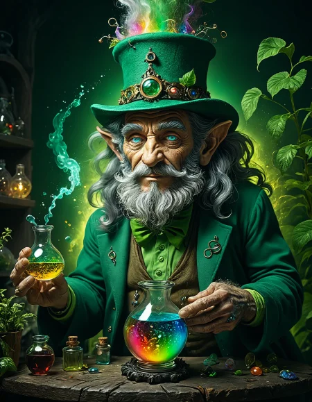 old leprechaun alchemist in his secret botanical laboratory crafting a magical glowing rainbow potion (art by Boris Vallejo:1.25) light particle, analog, very detailed eyes, upper body, detailed skin, 20 megapixel canon eos r3, detailed skin pores, detailed, detailed face, movie grain