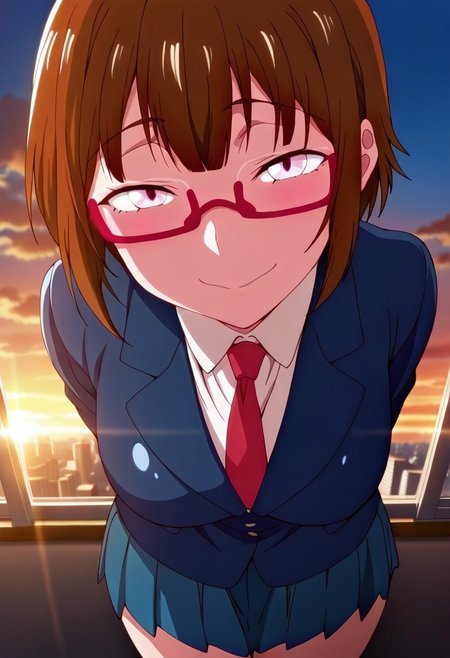 ((masterpiece, absurdres)), best quality, amazing quality, newest, 4k, anime coloring, very aesthetic, ray tracing, Smooth Quality, CG, source_anime,
city view,dusk lighting,chitose, 1 female, brown hair, pink eyes, red glasses, short hair, school uniform, ties,miniskirt,mad expression