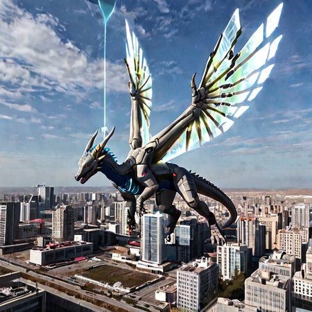 Dragon-like creature with holographic wings soaring above a dystopian wasteland
A fearsome, mythical beast infused with advanced technology, hovering over a ruined city with glowing, futuristic architecture in the background.