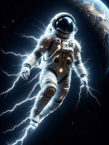 mad-lgthng lightning astronaut in orbit of earth \(planet\), dramatic lighting, cinematic shot , dynamic pose,  <lora:Lightning_SDXL:1>, masterpiece, best quality, ultra high res, (photorealistic, realistic:1.2), deep shadow, raw photo, film grain, Fujifilm XT3, 8k uhd, dslr