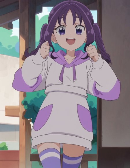 score_9, score_8_up, score_7_up, anime screencap, solo,1girl,shigurekokoro, thighhighs, looking at viewer, hood, hoodie, purple thighhighs, long sleeves,  white hoodie, open mouth,smile,small breasts<lora:shigurekokoro_pony:0.8>