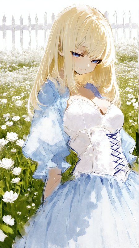 masterpiece, newest,absurdres,incredibly absurdres, best quality, amazing quality, very aesthetic, sketch, white theme, watercolor effect, 
1girl, light blue dress, flower, bustier, field, fence, seductive smile, patinum blonde,
 <lora:fuyumur4s4ki_style:0.7> fuyumur4s4ki_illu <lora:Mika:1>   <lora:0__11Xx:1> 0__11Xx_illu