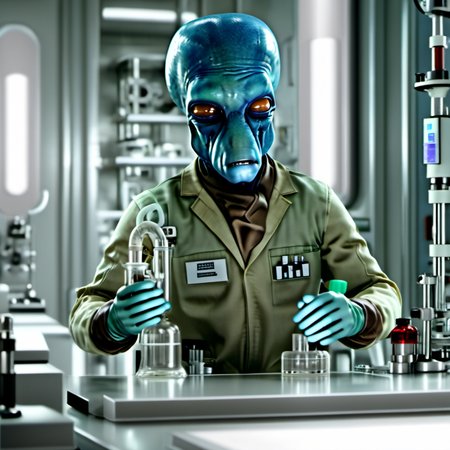 professional 3d model a male duros alien working as a scientist in a laboratory <lora:duros_alpha2-000006:1> . octane render, highly detailed, volumetric, dramatic lighting