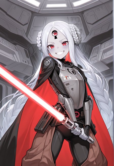 1girl, star wars, jedi, parted bangs, braided buns, grey skin, colored skin, red eyes, keyhole, third eye, mecha musume, cyborg, holding red lightsaber, indoors, science fiction, spacecraft interior, smile, grin, sharp teeth, flat chest, pants, armor, breastplate, cape, brave_pose <lora:Brave_Pose:1>  <lora:Abby_Illus:1>, masterpiece, best quality, amazing quality, very aesthetic, absurdres, highres, newest