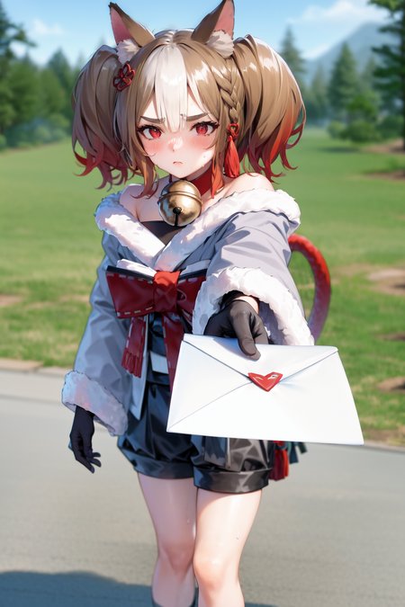 <lora:sekkatest:1>, 1girl, she is presenting the viewer with a letter in an envelope, the letter has a large heart symbol on it, heart symbol, holding, holding letter, outstretched arm, ((her long and wide sleeves reach almost to the ground and have an intricate embroidery at the lower end)), standing, full body, (highres, realistic, best quality, masterpiece, ultra-detailed, textured, ambient lighting, cinematic lighting), animal ears ,1girl , fox ears ,bangs , red eyes , multicolored hair , twintails , animal ear fluff ,brown hair , hair ornament ,bell , solo , looking at viewer ,braid ,neck bell , fox girl , jingle bell ,gloves , fur trim , ribbon ,two-tone hair ,japanese clothes ,off shoulder ,bare shoulders ,collar ,bow , (long sleeves) , streaked hair ,blush , black gloves , tail ,white hair , fox tail , kimono ,wide sleeves , red bow , red ribbon ,multiple tails , red hair , collarbone , hair ribbon , short hair , choker , socks , shorts , ribbon trim , sash , black shorts , rope , small breasts , white kimono , fur-trimmed sleeves , tabi , black footwear , black socks , gradient hair , v-shaped eyebrows , dress ,sandals , hair between eyes , obi , medium hair , grey hair , thick eyebrows , short twintails , strapless , sweat , shimenawa , outdoors , fur-trimmed kimono kitsune, cloth, satin, silk, fur, <lora:loveletterv3:1>