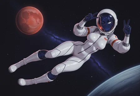 masterpiece, best quality, absurdres, highres, high quality, highly detailed,
1girl, solo, GTITS, breasts, star \(sky\),space, constellation, starry skin, nebula skin, white eyes, blank eyes, no mouth, dark blue skin, no humans, no eyebrows, looking at viewer, head tilt, one eye closed,
white bodysuit, spacesuit, white boots, space helmet,
dynamic pose, floating, v sign,
red planet, planetary ring, depth of field, cinematic,
no lineart, pixelsketcher, <lora:incase_new_style_red_ill:0.6>, <lora:bonifasko_ill:0.4>, <lora:GTITS:1.1>