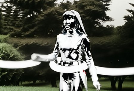thick energy beam wrapped around waist of chrome statue of power ranger Trini, long straight chrome hair tucked-behind-shoulders, fringe, full body photo, alone, helmetless, chrome catsuit, chrome turtleneck collar, chrome gloves belt boots holster, large chunky chrome hoop earrings, worried facial expression, gasping, entirely made of chrome, hyperdetailed photography, in rural park
