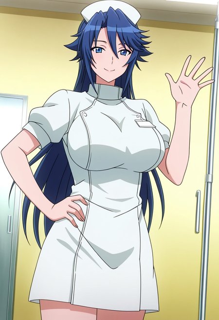 general,highres, ultra-detailed,very aesthetic,best quality ,best hands,best eyes,easynegative,
dynamic anglre, dutch angle, anime cloring,anime screencap,
1girl solo,looking at viewer,hospital, smile, hand on hip, waving hand, 
Sayo Hitsugi, blue_eyes, blue_hair, long_hair, huge_breasts,, nurse uniform,