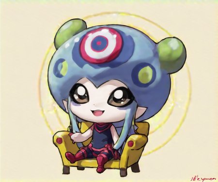 masterpiece,absurdres,best quality,solo,1girl,chibi,jellymon sitting on a chair,2d,anime,<lora:JellymonXLV2:0.8>