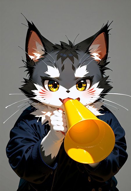 zuppu11, furry, cute, solo, score_9, score_8_up, score_7_up, looking at viewer, male focus, zPDXL3, furry male, cat, detailed eyes, blushing, Expressiveh, holding megaphone, open mouth, yell, full body