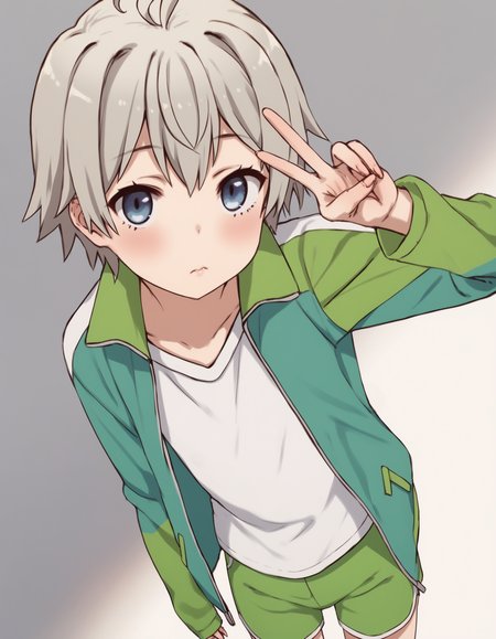 score_9, score_8_up, score_7_up, score_6_up, source_anime, simple background, cowboy shot, from above, dutch angle, 1boy, solo, saika totsuka, blue eyes, ahoge, grey hair, jacket, green jacket, shirt, white shirt, open jacket, shorts, green shorts, raglan sleeves, blush, shy, looking up at viewer, arm behind head, peace sign <lora:modokie-amxl-v1-ShoAI:1> <lora:saika-totsuka-s2s3-ponyxl-lora-nochekaiser:0.8>