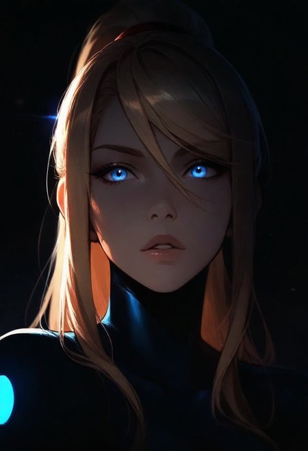 1girl, samus aran, solo, dark, light, the light illuminates part of the face, masterpiece, best quality, very aesthetic, close up,  parted lips