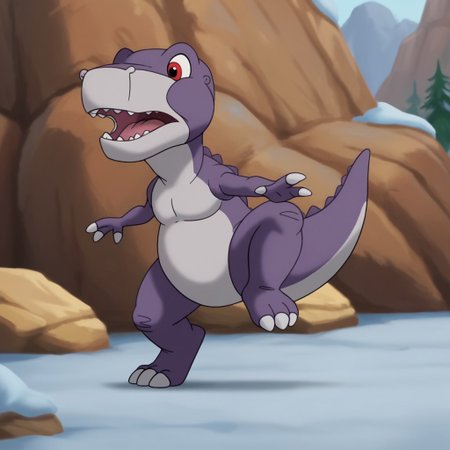 score_9, score_8_up, score_7_up, score_6_up, score_5_up, score_4_up, source_furry, Chomperlbttv, feral, male, Tyrannosaurus rex, dinosaur, scalie, purple skin, red eyes, front view, one leg up, on one leg, open mouth, head turned, valley, rocks, snow covered rocks