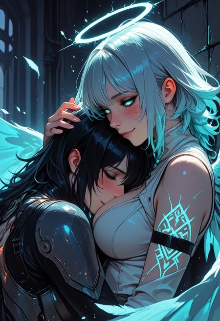 (masterpiece), (best quality), (8k), 2girls, angel and demon, intense stare-down, tension, glowing eyes, magical aura, emissive lighting effects, cinematic lighting, golden hour glow, divine vs infernal contrast, glowing halo above angel, broken burning halo above demon, floating sparks, glowing tattoos or markings, glowing feathers vs shadowy wings, ambient light particles, symmetrical composition, high detail, soft shadows and light contrast, dramatic environment, cleavage, large breasts, detailed armor, bodysuit, fishenets, sleeveless, armbands, flowing cloth, mystical energy in air, angel freckles, demon scars, 
Face details, happy, in love, blush, blushing, pushed against wall, hugging, head on chest, face on chest, nuzzle, nuzzling breasts, hand on head, hand behind head, smile,