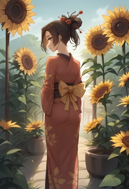 score_9, score_8_up, score_7_up,rating_explicit,1girl,solo, fuu, tight kimono,  hair ornament, hair stick, ponytail, outdoors, looking back, slim, skinny, slim hips, from behind, sunflower
