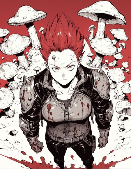 score_9, score_8_up, score_7_up,score_6_up,high resolution,qhayastyle,monochrome,greyscale,red background,en,spiked hair,red hair,jacket,pants,belt,shoulder pads,mushroom,street,rim lighting,dof,solo,pov,dirty,blood,from above
