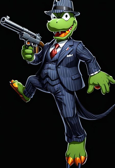 ncrender of yoshi as mafia mob boss wearing a pinstripe suit and holding a tommy gun, black background