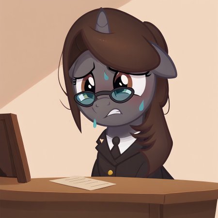 masterpiece, perfect detail, best high quality, source_pony, show accurate, cute, 1girl, solo, female, oc:sonata, glasses, attorney suit, badge on collar, pony, courtroom, defense stand, standing, standing behind desk, front hooves on desk, standing against desk, frown, scenic painting in background, nervous, sad, sweating, gritted teeth, beautiful, looking down, score_9, score_8_up, score_7_up, score_6_up, score_5_up, score_4_up