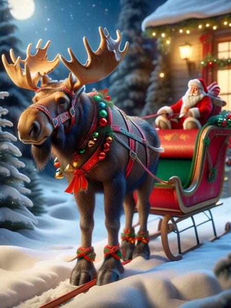 ral-santasleigh, a photorealistic moose decorated is pulling Santas sleigh, the moose is adorned with a festive colorful harness <lora:ral-santasleigh-sdxl:1>