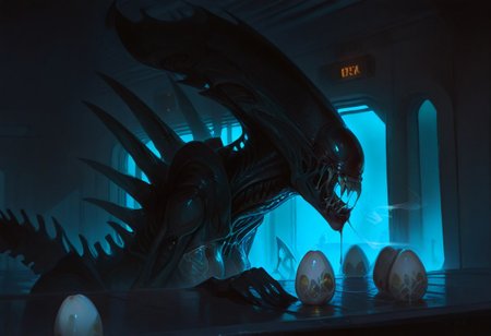 masterpiece, best quality, hyper-realistic, ultra-HD, luminous lighting, cinematic ambiance, shimmering gradients, ethereal glow, deep contrast, rich color tones, seductive atmosphere, captivating sensuality, Cinematic Lighting, 
BREAK 
raytracing, volumetric lighting, ambient occlusion, Background, xenomorph
BREAK
ryu, teal scales, eastern dragon horns, pointy ears, green eyes, long eyelashes, makeup, solo,
glass, see-through, skulls, portraits,
BREAK
A chilling scene unfolds in a dimly-lit industrial corridor, where the iconic xenomorph from the Alien franchise has cunningly concealed itself within an air duct. Its elongated, biomechanical form is contorted yet eerily poised, occupying the seemingly innocuous air vent. The slick, black exoskeleton, adorned with menacing ridges and a tail curled beneath it, blends seamlessly with the duct's shadowy interior. Only its distinctive dome-like head, partially open mouth revealing a set of inner jaws, pierces the veil of darkness. Glistening drool and the movement of its secondary jaws suggest a high state of alertness, ready to strike.
The xenomorph’s piercing yellow eyes reflect the flickering emergency lights of the corridor, hinting at its imminent intent. The vent's mesh serves as a sinister cage, unable to contain the creature's malevolent presence that emanates from every rivet and crevice. Tension swells as viewers anticipate the creature's imminent pounce, ready to unfurl from its hiding place. Surrounded by Alien eggs.
